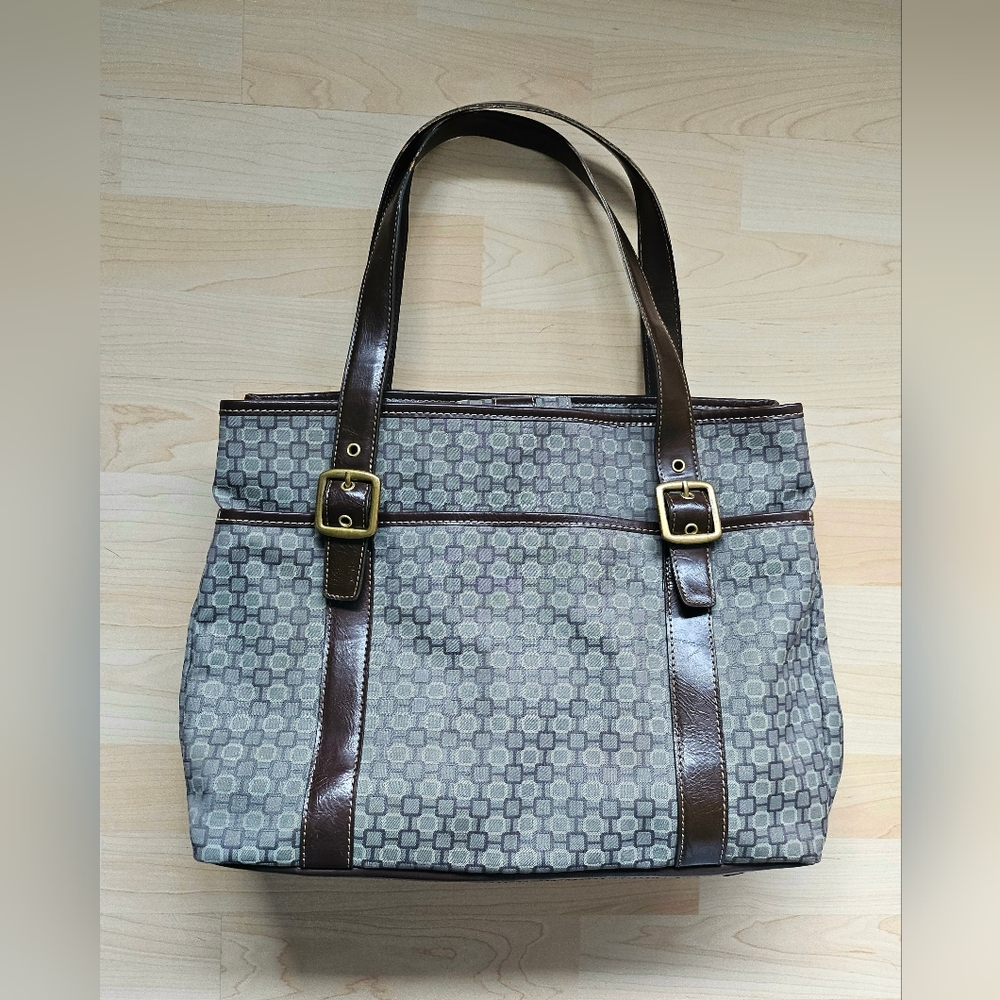 Y2K Nine West Green Fabric And Chocolate Brown Faux Leather Shoulder Bag
